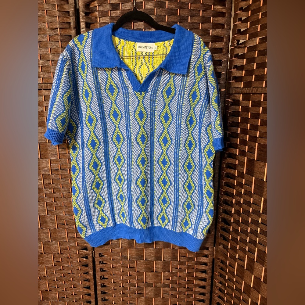 Y2K Knit Polo Sweater Men’s L Blue Yellow Geometric 100% Cotton Retro